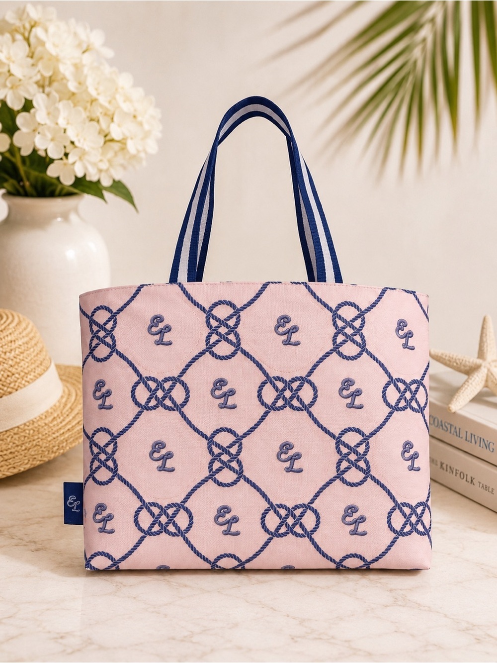 Estée Lauder Pink Blue Nautical Logo Canvas Tote Bag Beach Travel Shopper